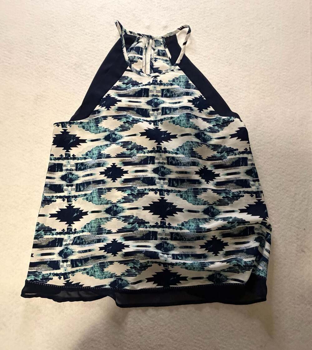 Tag cut out Geometric Diamond Navy and Ivory High Neck Halter Top